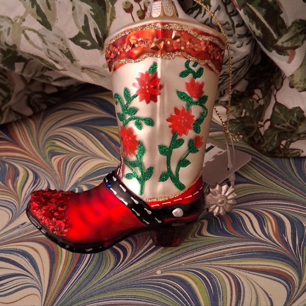 Western Cowboy Boot Glass Christmas Tree Ornament NWT